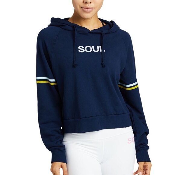 SOULCYCLE Womens Grinding Cropped Hoodie XS Distressed Navy Cotton Long Sleeve - Picture 2 of 11